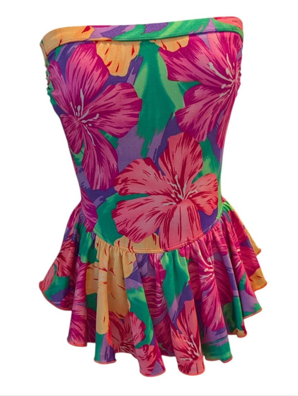 Vintage 80s Neon Floral‎ Skirted Maxine of Hollywood Swimsuit